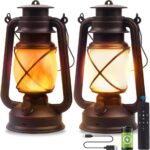 Prime Era Lantern LED Battery Powered Camping Lamp Outdoor Hanging Rechargeable Lantern Flickering Flame Retro Lanterns Remote Control 4 Modes Light Non-Solar 2 Pack