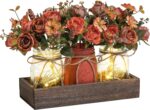 Prime Era 3 Pcs Mason Jar Centerpiece Table Decorations for Dining Table Decor Farmhouse Coffee Table Decor with Wood Tray and Led Light Table Centerpieces for Dining room Kitchen Living Bathroom,Orange